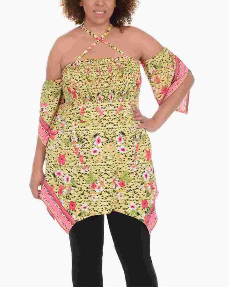 Front of a model wearing a size 1X NY Collection Women's Plus Size Halter Neck Off The Shoulder Top Yellow Size 1X in Yellow by NY Collection. | dia_product_style_image_id:311244